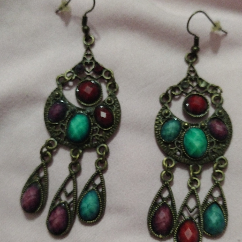 Elegant Red and Teal Dangle Earrings Wire Vintage Mexico 1984 New No Tags
